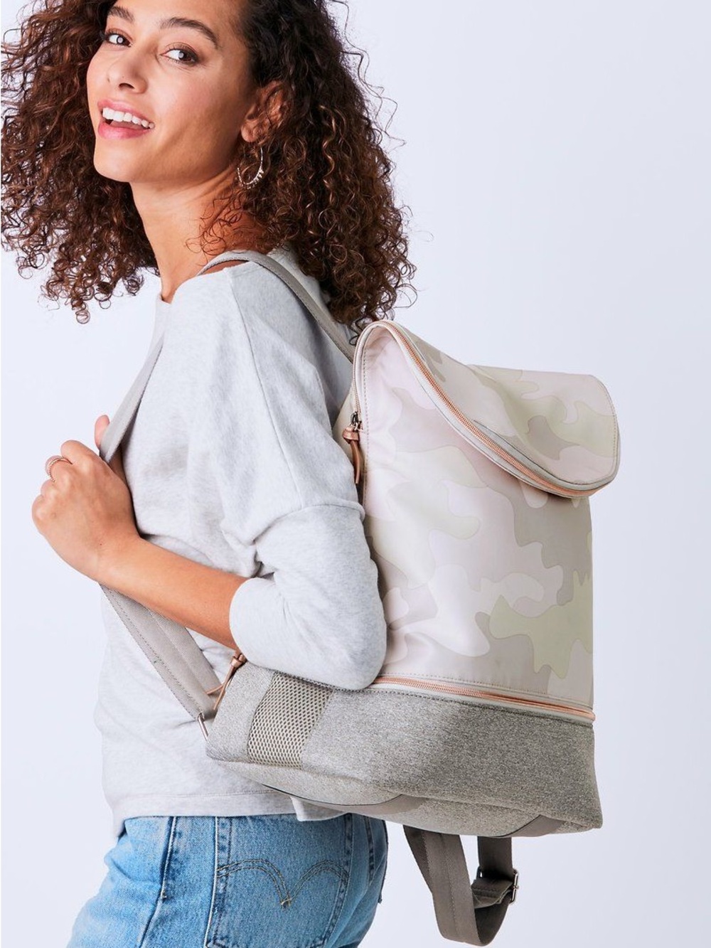 Stella & Dot Crush It Backpack in blush cameo print and heather grey